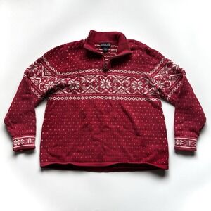 Lands End Womens Large Sweater Red White Snowflake Ski Winter 1/4 Zip Pullover